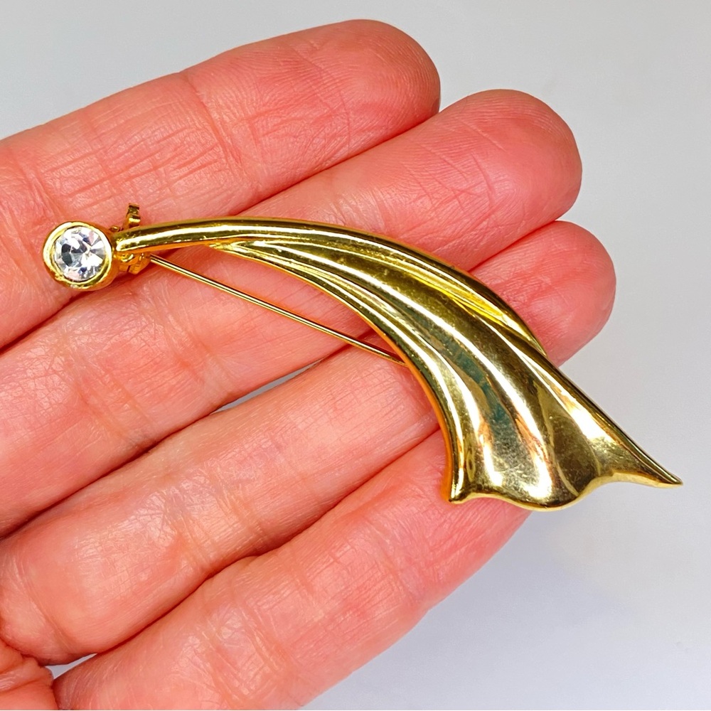 Vintage Rhinestone Modernist Brooch SIGNED Pin Gold Tone Asymmetrical Wave